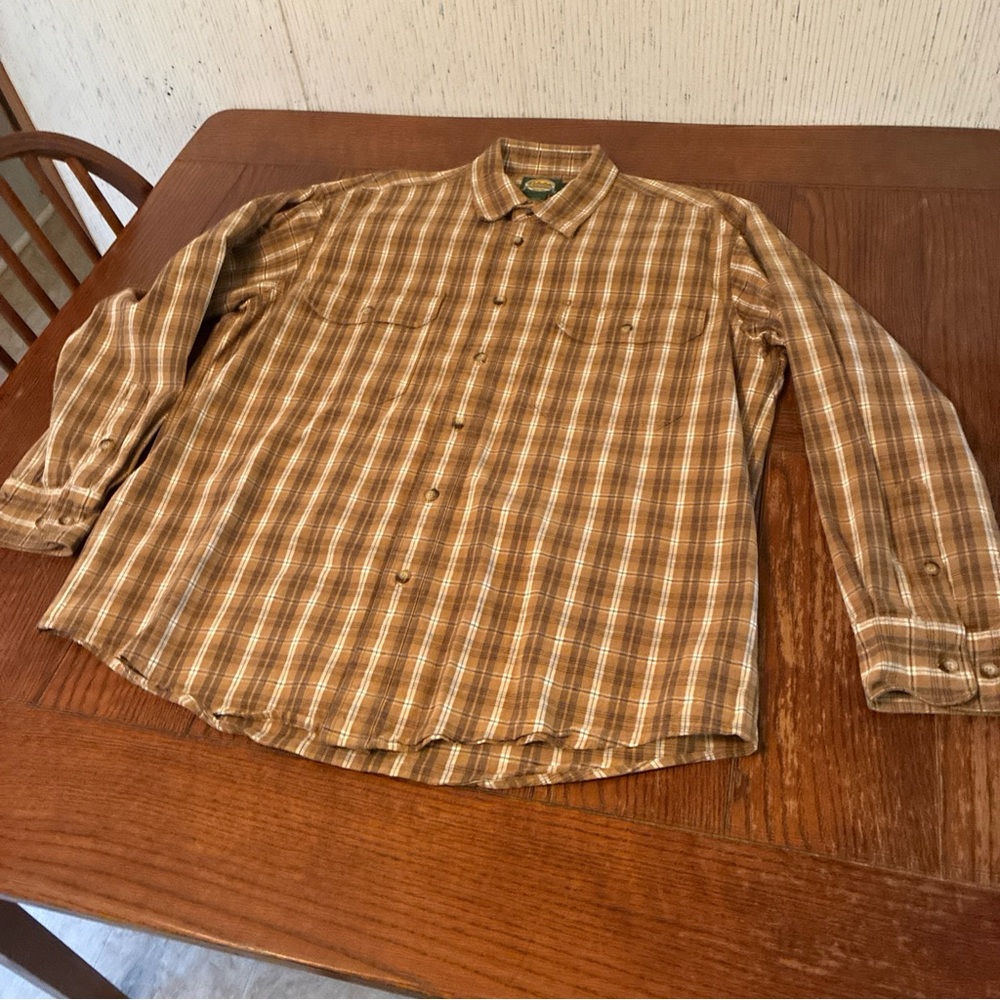 Cabelas Button Down Plaid Shirt Men’s L Brown Long Sleeve Thick Heavy Cotton